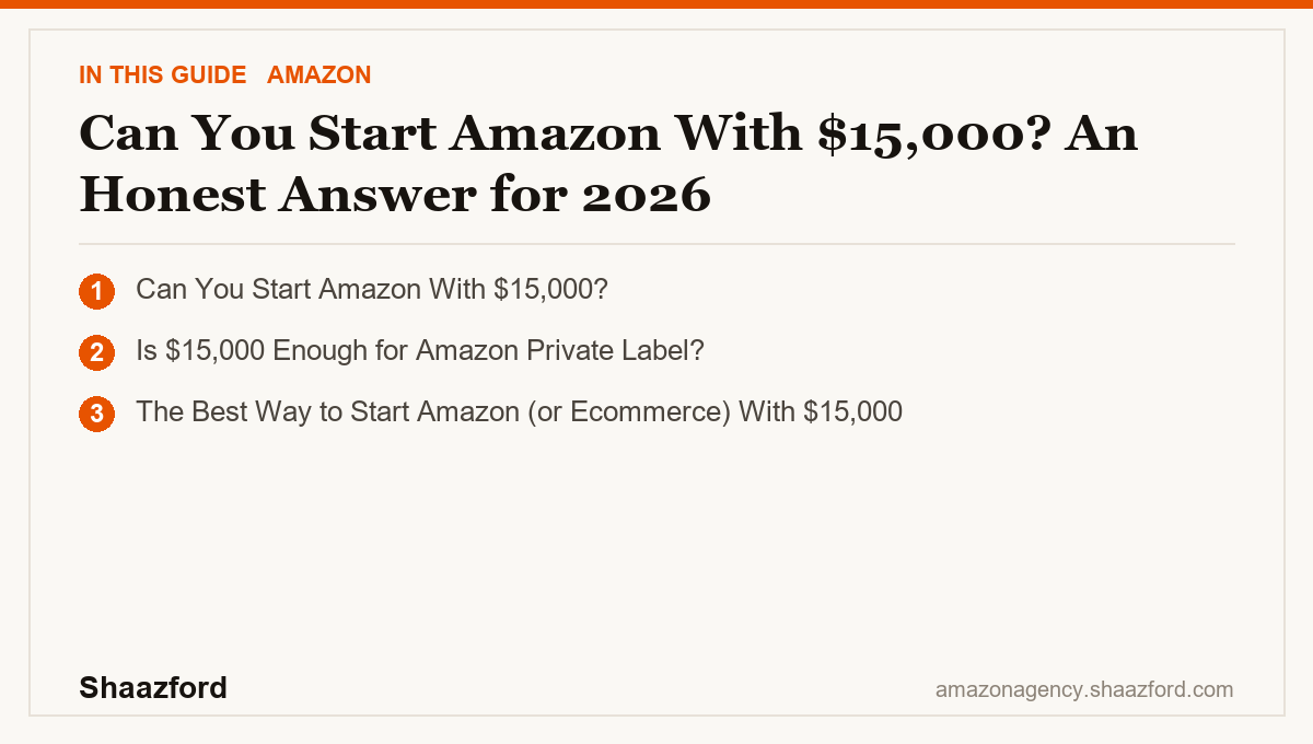 Can You Start Amazon With $15,000? An Honest Answer for 2026: Can You Start Amazon With $15,000?, Is $15,000 Enough for Amazon Private Label?, The Best Way to Start Amazon (or Ecommerce) With $15,000 at a glance