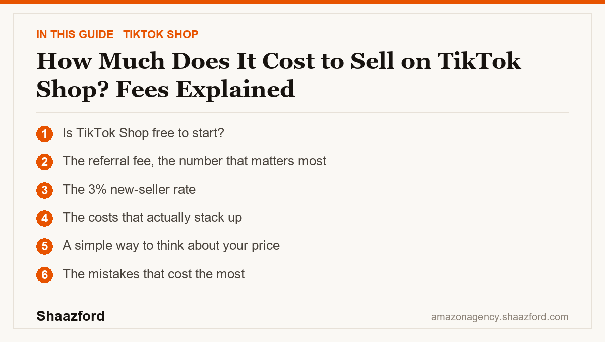 How Much Does It Cost to Sell on TikTok Shop? Fees Explained: Is TikTok Shop free to start?, The referral fee, the number that matters most, The 3% new-seller rate, The costs that actually stack up at a glance