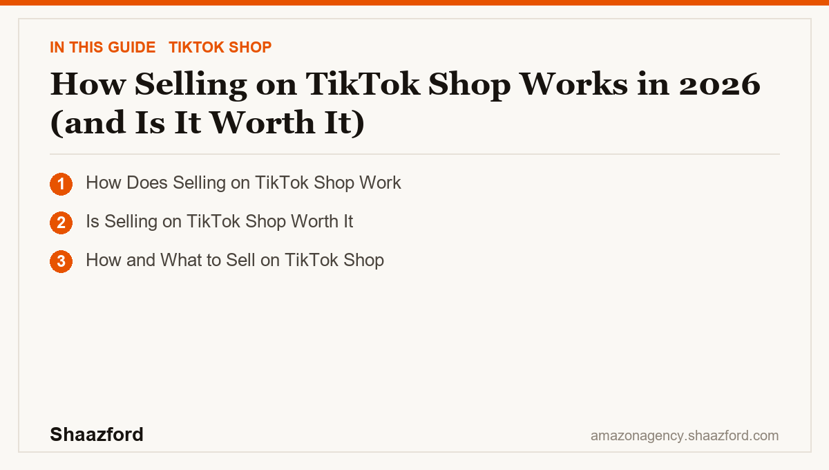 How Selling on TikTok Shop Works in 2026 (and Is It Worth It): How Does Selling on TikTok Shop Work, Is Selling on TikTok Shop Worth It, How and What to Sell on TikTok Shop at a glance