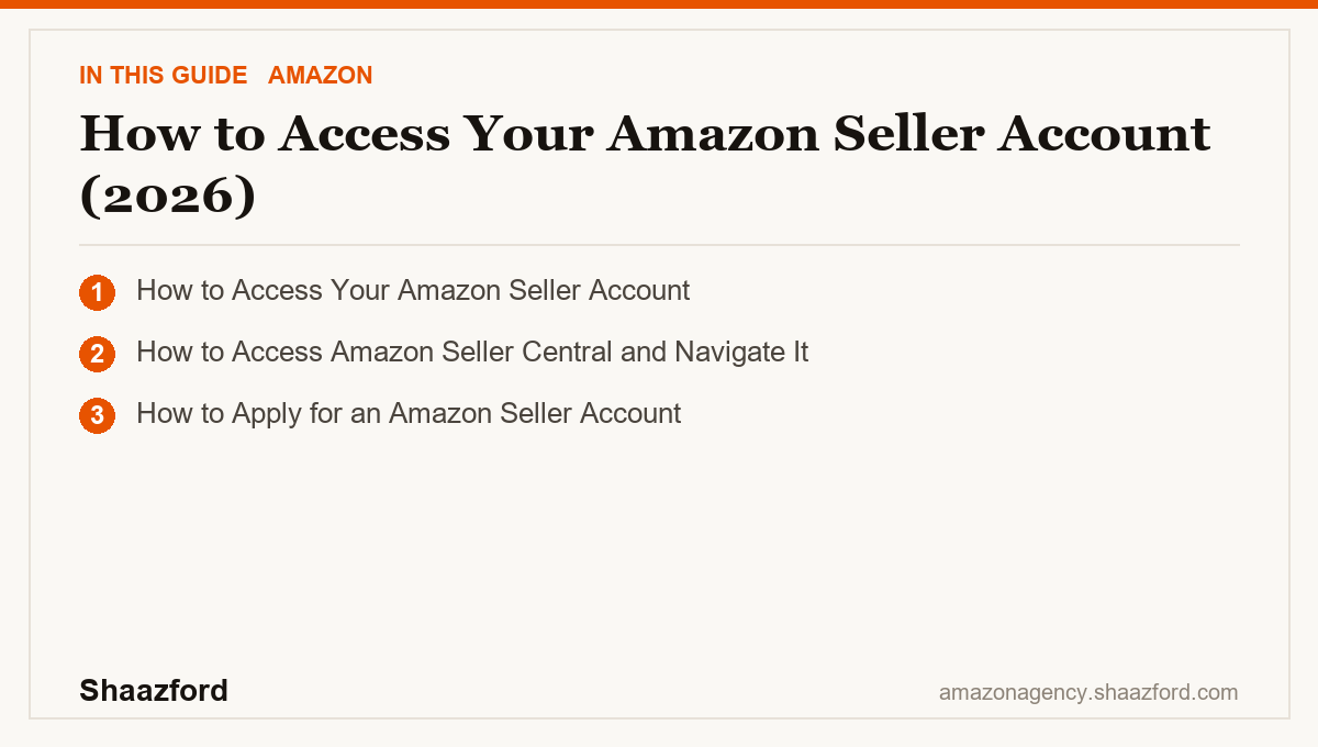 How to Access Your Amazon Seller Account (2026): How to Access Your Amazon Seller Account, How to Access Amazon Seller Central and Navigate It, How to Apply for an Amazon Seller Account at a glance