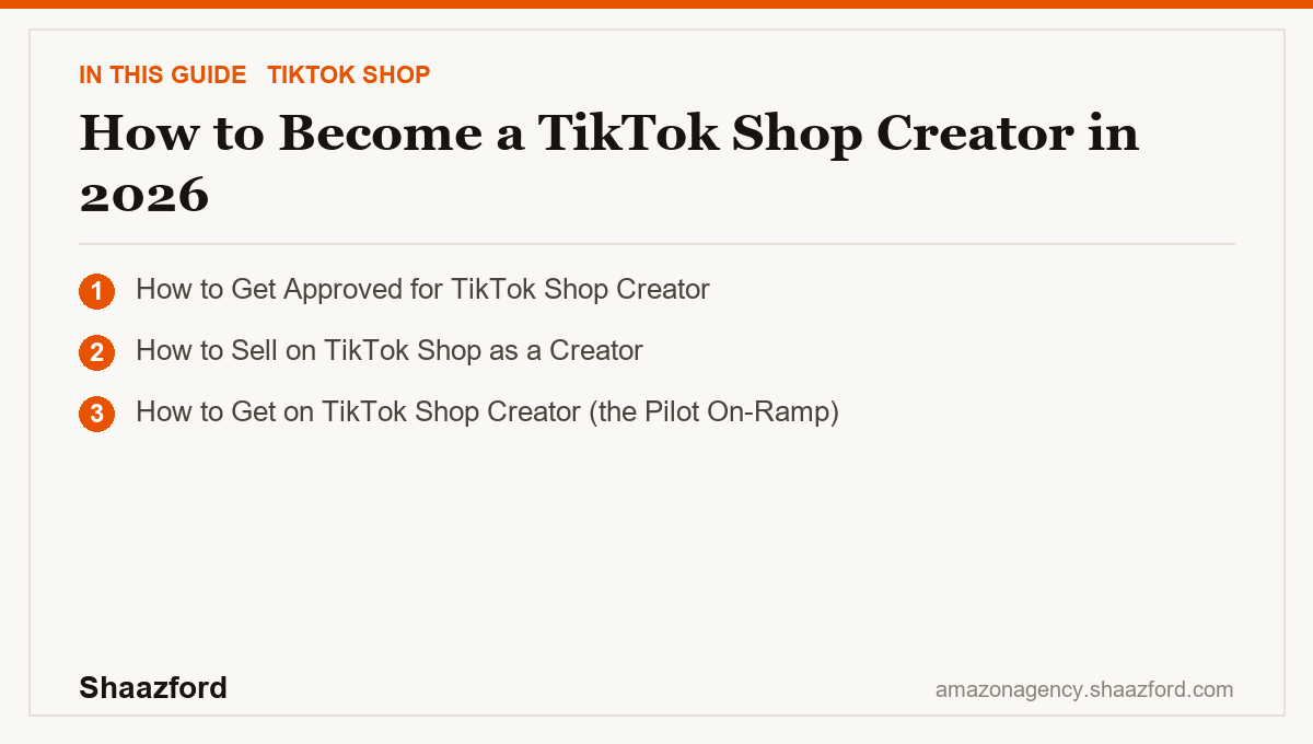 How to Become a TikTok Shop Creator in 2026: How to Get Approved for TikTok Shop Creator, How to Sell on TikTok Shop as a Creator, How to Get on TikTok Shop Creator (the Pilot On-Ramp) at a glance