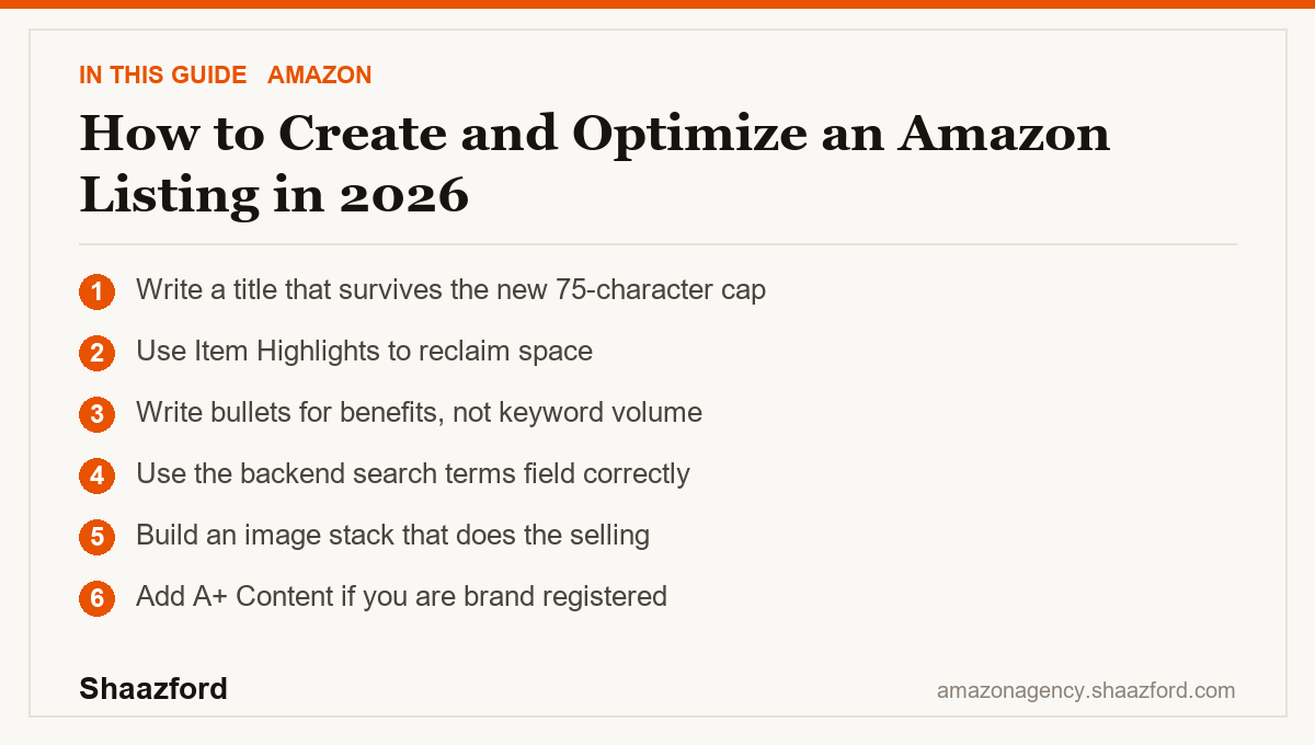 How to Create and Optimize an Amazon Listing in 2026: Write a title that survives the new 75-character cap, Use Item Highlights to reclaim space, Write bullets for benefits, not keyword volume, Use the backend search terms field correctly at a glance
