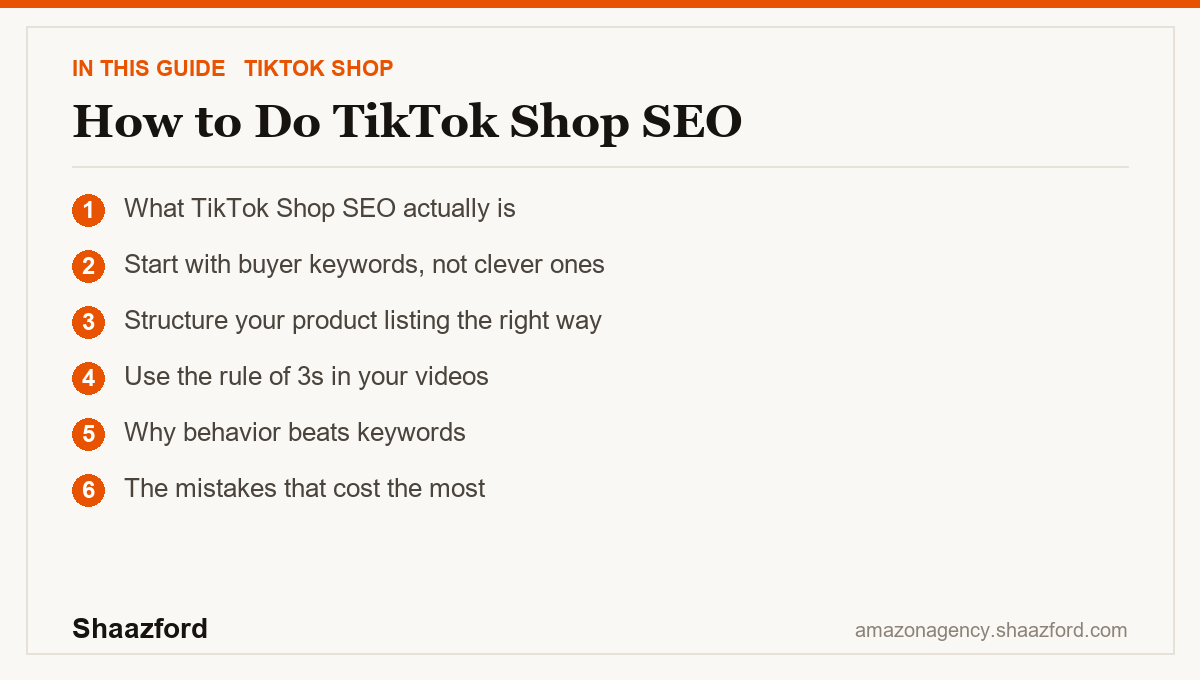 How to Do TikTok Shop SEO: What TikTok Shop SEO actually is, Start with buyer keywords, not clever ones, Structure your product listing the right way, Use the rule of 3s in your videos at a glance