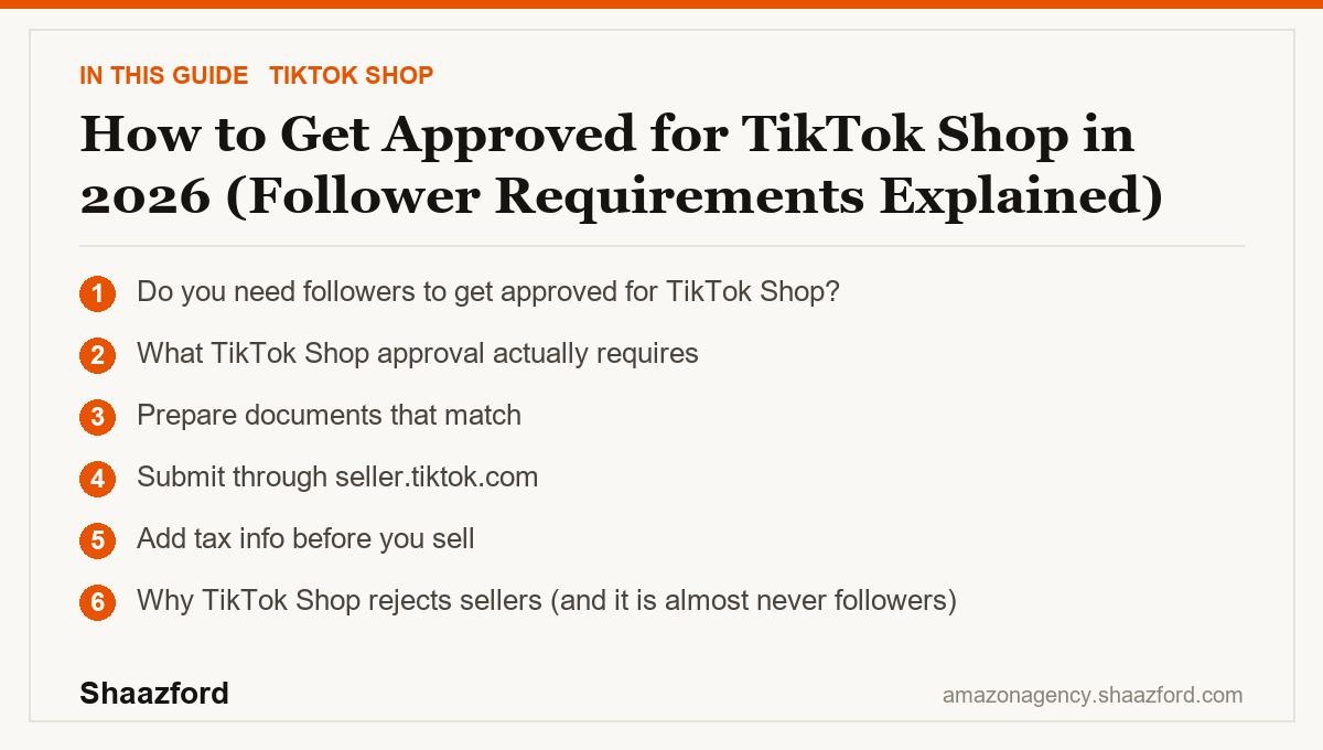 How to Get Approved for TikTok Shop in 2026 (Follower Requirements Explained): Do you need followers to get approved for TikTok Shop?, What TikTok Shop approval actually requires, Prepare documents that match, Submit through seller.tiktok.com at a glance