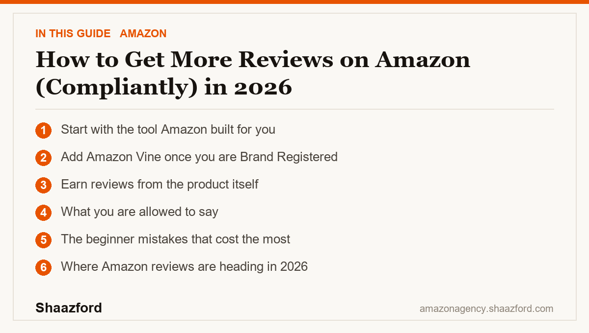 How to Get More Reviews on Amazon (Compliantly) in 2026: Start with the tool Amazon built for you, Add Amazon Vine once you are Brand Registered, Earn reviews from the product itself, What you are allowed to say at a glance