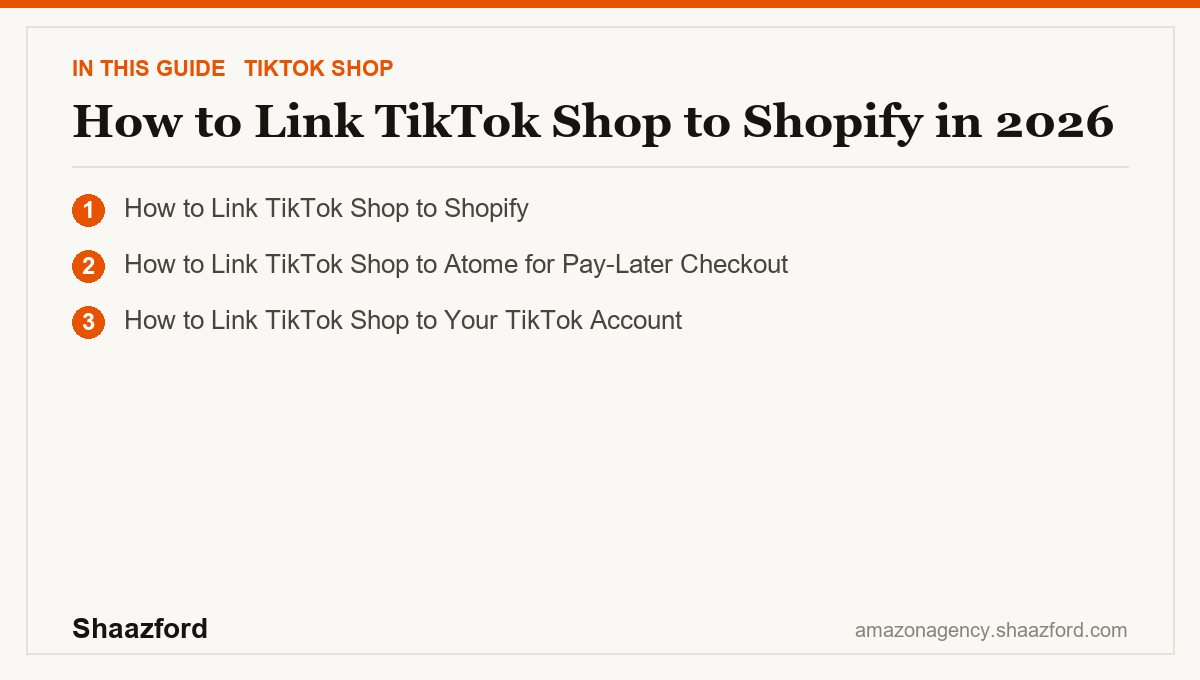 How to Link TikTok Shop to Shopify in 2026: How to Link TikTok Shop to Shopify, How to Link TikTok Shop to Atome for Pay-Later Checkout, How to Link TikTok Shop to Your TikTok Account at a glance