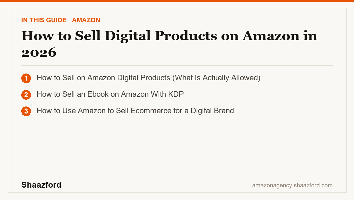 How to Sell Digital Products on Amazon in 2026: How to Sell on Amazon Digital Products (What Is Actually Allowed), How to Sell an Ebook on Amazon With KDP, How to Use Amazon to Sell Ecommerce for a Digital Brand at a glance