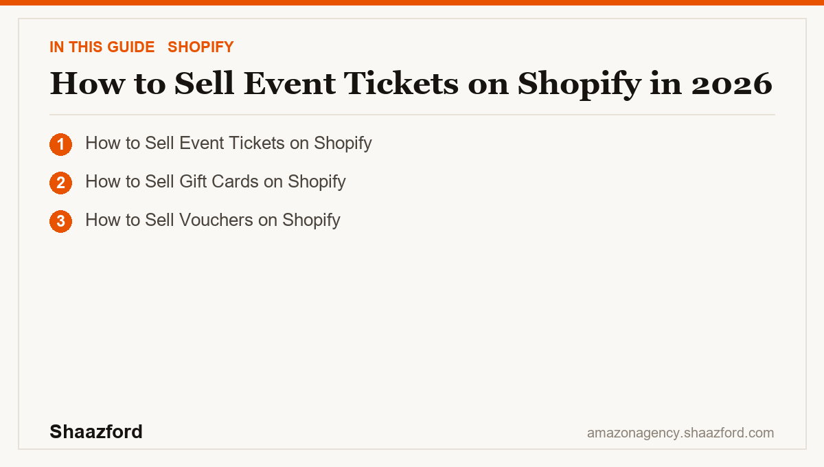How to Sell Event Tickets on Shopify in 2026: How to Sell Event Tickets on Shopify, How to Sell Gift Cards on Shopify, How to Sell Vouchers on Shopify at a glance