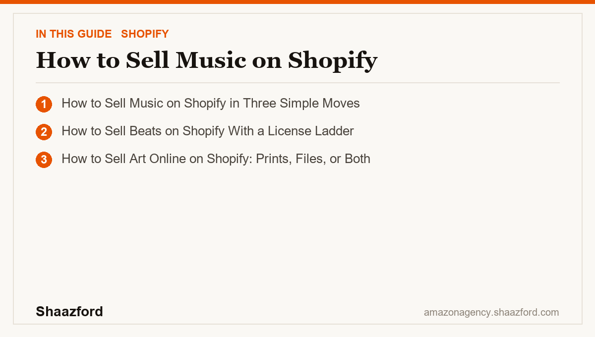 How to Sell Music on Shopify: How to Sell Music on Shopify in Three Simple Moves, How to Sell Beats on Shopify With a License Ladder, How to Sell Art Online on Shopify: Prints, Files, or Both at a glance