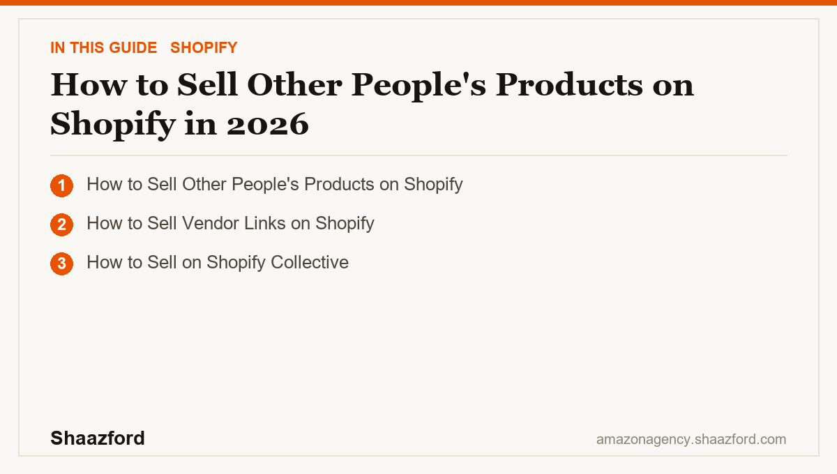 How to Sell Other People's Products on Shopify in 2026: How to Sell Other People's Products on Shopify, How to Sell Vendor Links on Shopify, How to Sell on Shopify Collective at a glance