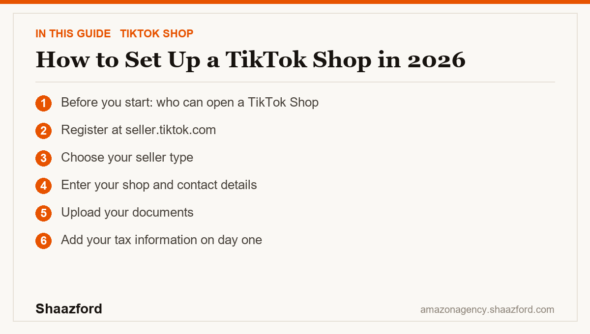 How to Set Up a TikTok Shop in 2026: Before you start: who can open a TikTok Shop, Register at seller.tiktok.com, Choose your seller type, Enter your shop and contact details at a glance