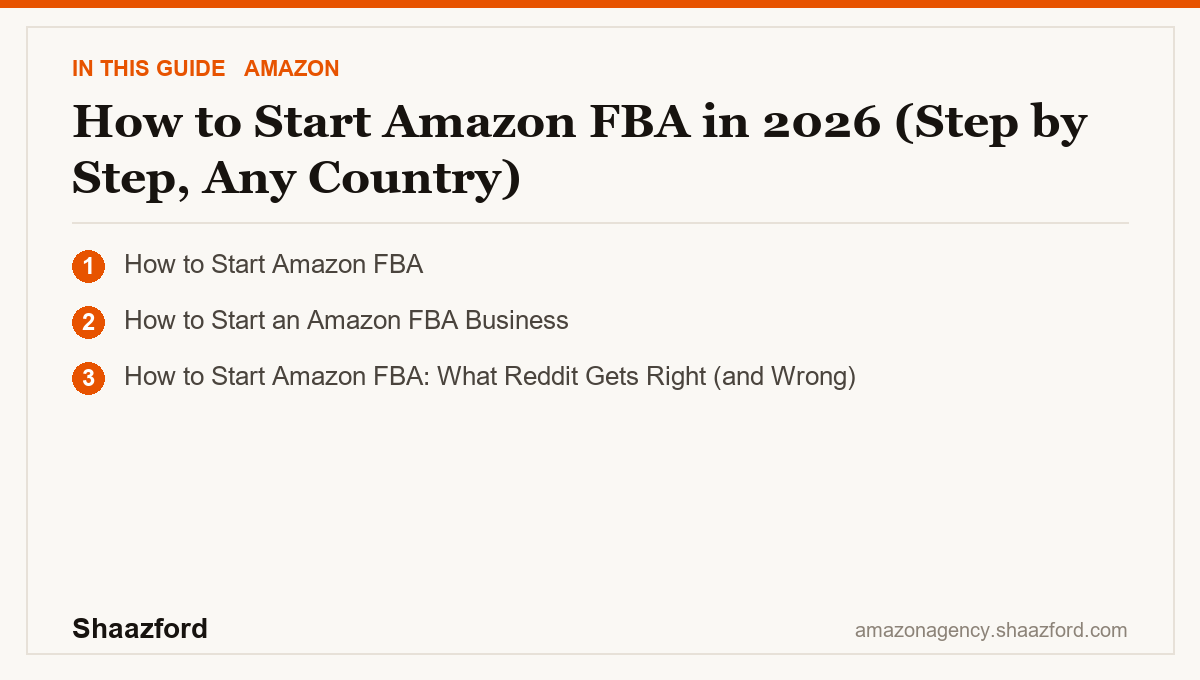 How to Start Amazon FBA in 2026 (Step by Step, Any Country): How to Start Amazon FBA, How to Start an Amazon FBA Business, How to Start Amazon FBA: What Reddit Gets Right (and Wrong) at a glance