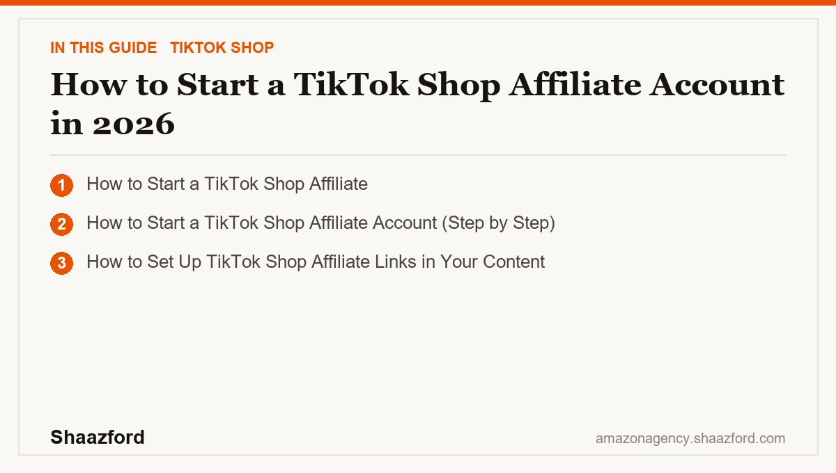 How to Start a TikTok Shop Affiliate Account in 2026: How to Start a TikTok Shop Affiliate, How to Start a TikTok Shop Affiliate Account (Step by Step), How to Set Up TikTok Shop Affiliate Links in Your Content at a glance